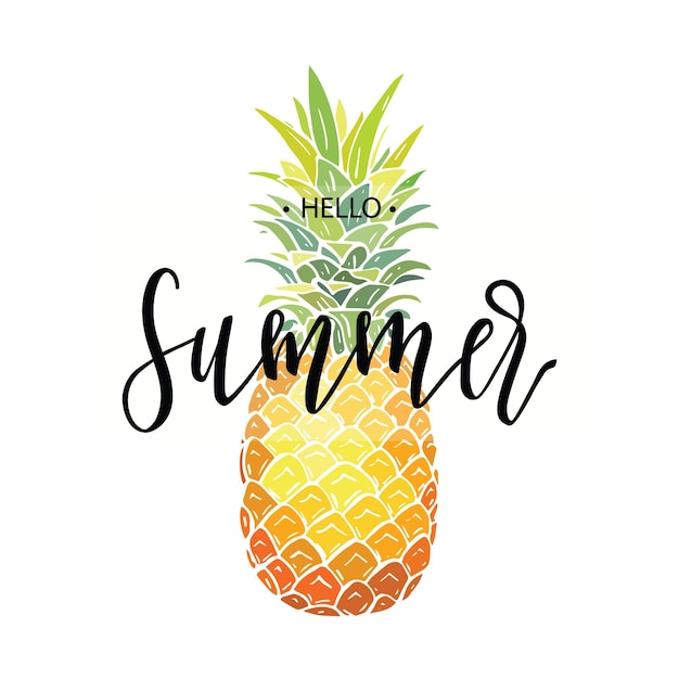 Hello Summer inscription on the background of pineapples Vector illustration Hand drawn