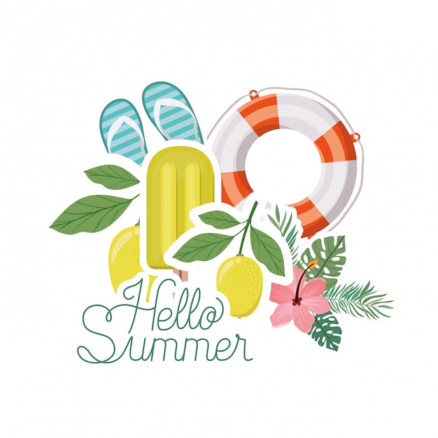 Vector hello summer label with summer objects