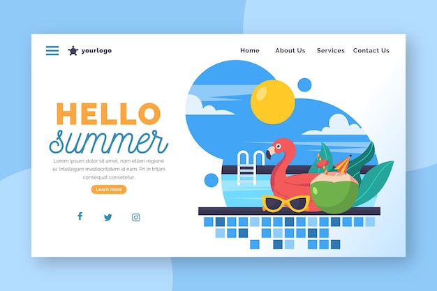 こんにちは夏のランディングページとプールとフラミンゴ