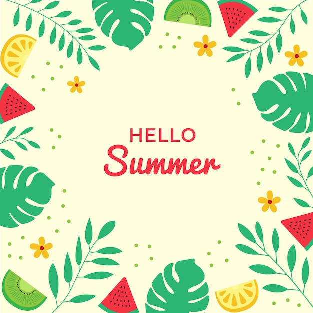 Hello summer lettering on fruits and leaves drawings frame on light yellow background illustration