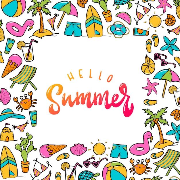 'Hello Summer' lettering quote framed with doodles