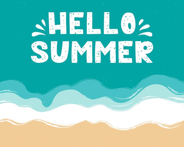 Hello summer lettering on the sea surface beach sand seashore with blue azure waves sea coast