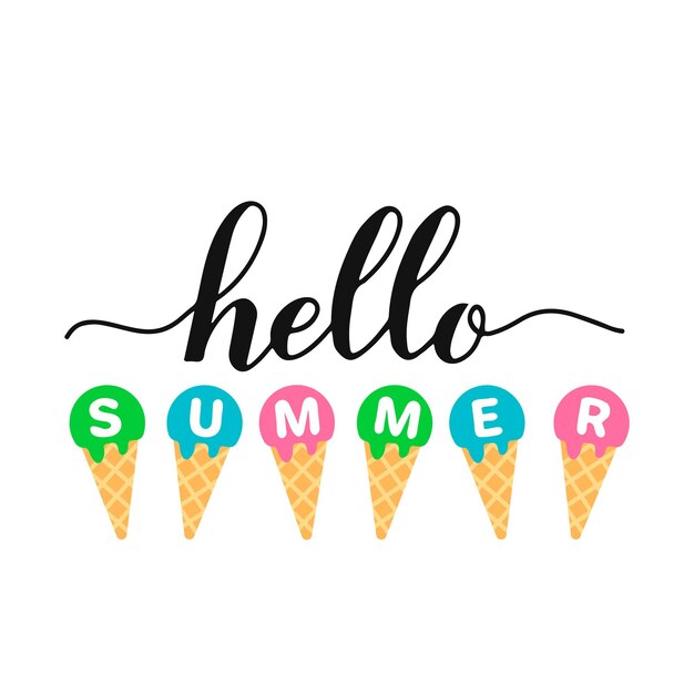hello summer lettering with colorful ice cream inspirational seasonal quote typography poster vector template for banner flyer sticker shirt etc