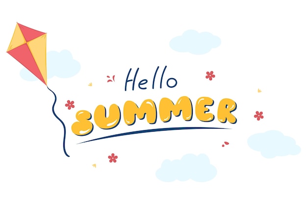 'Hello Summer' lettering with kite flowers and clouds vector illustration