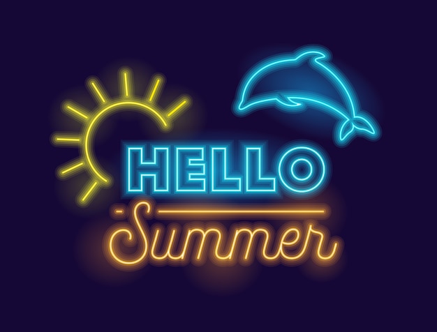 Hello summer lettering with neon style glowing