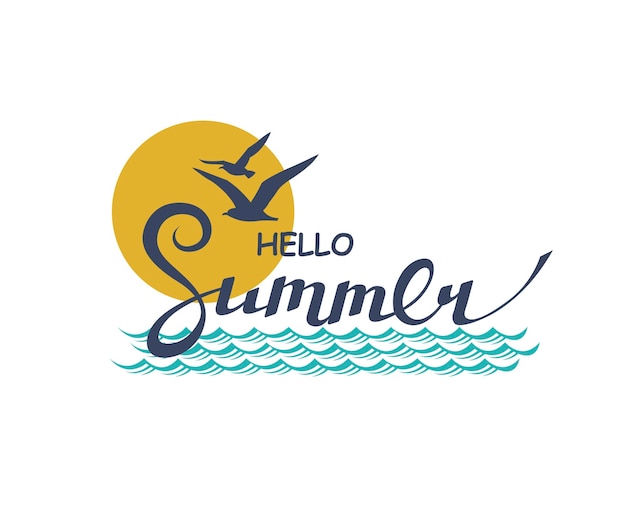 hello summer lettering with sea