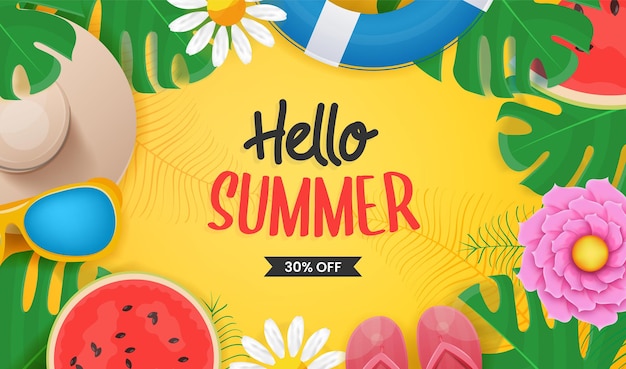 Hello summer lettering with tropical leaves and fruits beach elements