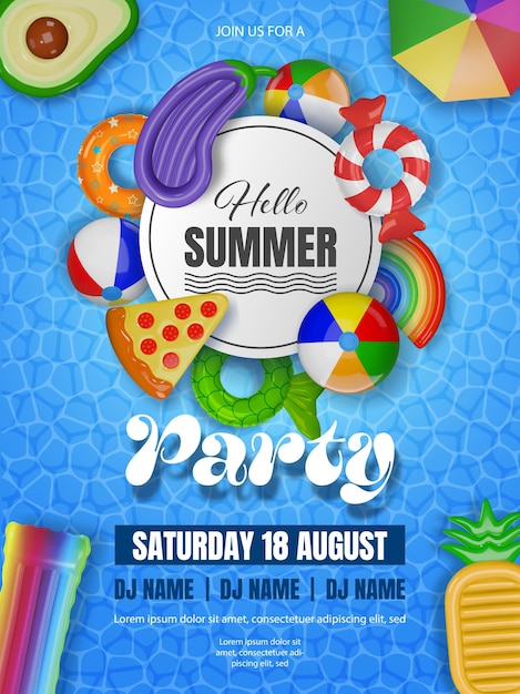 Vector hello summer party poster with 3d colorful inflatables on pool water texture pool party flyer