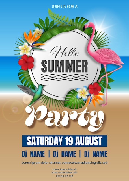 Hello summer party poster with tropical plants and birds on beach landscape