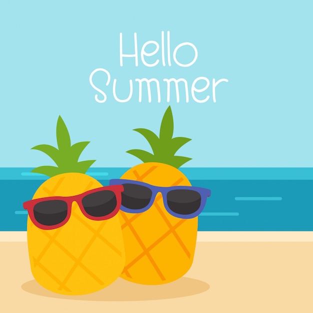 Hello summer, pineapple illustration with sunglasses