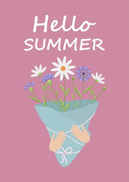 花の花束とこんにちは夏のポストカード