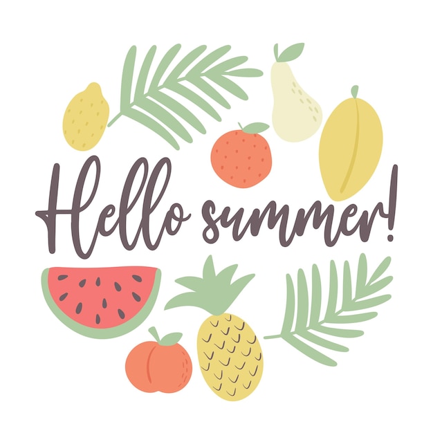 과일과 야자나무 가지가 있는 안녕하세요 여름 엽서 벡터 이국적인 열대 인사말 카드 문자