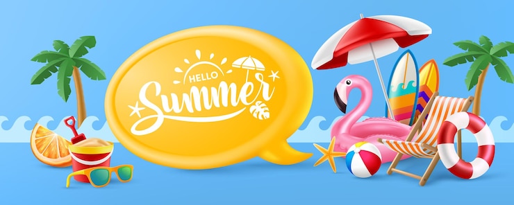 Vector こんにちは夏のポスターまたはバナー テンプレート ピンク フラミンゴ プール フロート ビーチ