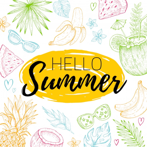 Hello Summer poster or greeting card with tropic leaf, food, fruit seamless pattern. Hand drawn doodle flyer.