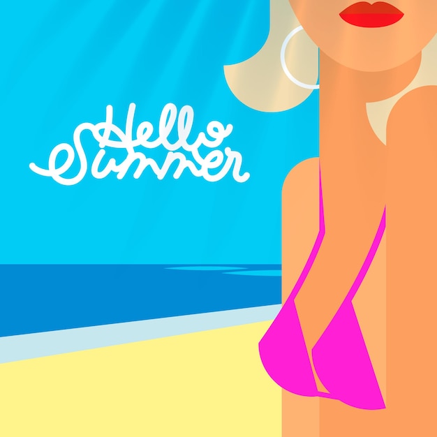 Vector hello summer poster portrait of sexy hot girl on a beach in pink bikini vector image