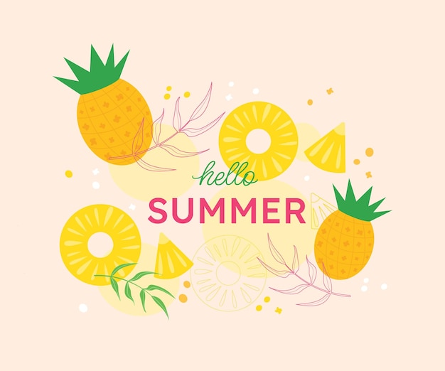 Hello Summer Poster Postcard with pineapple and Tropical Leaves Sunny Yellow background with fruits