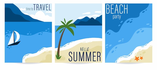 Hello summer poster set seaside with palm sand mountains and
ocean paradise landscape summer vacation card with text travel
background tropical resort banner vector beach illustration