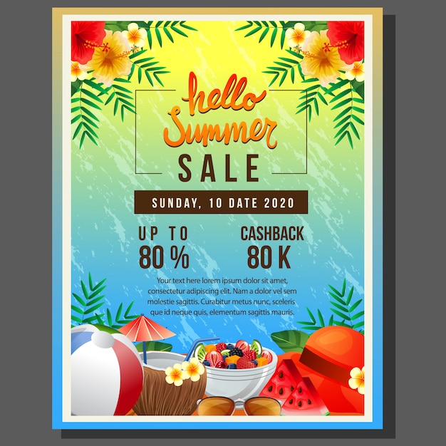 Hello summer poster template sale with sea colorful summer drink element vector illustration