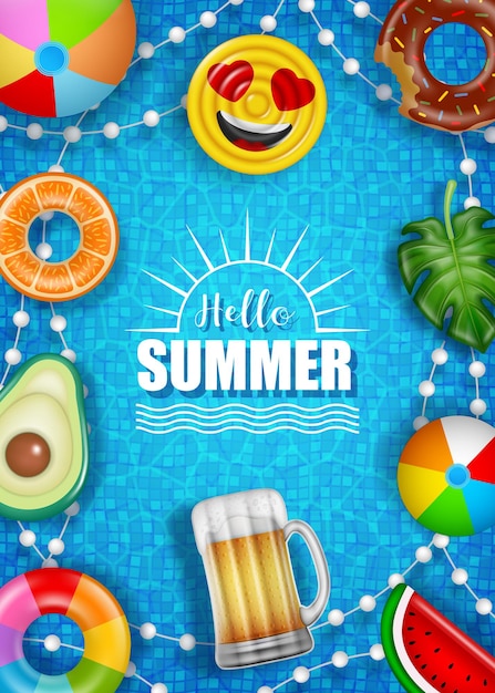 Hello summer poster with colorful inflatables balls mattresses and rings on pool water background