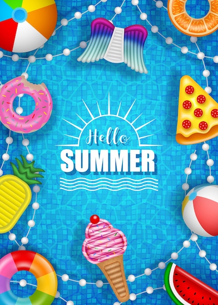 Hello summer poster with colorful inflatables balls mattresses and rings on pool water