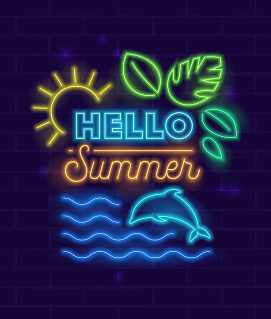 Здравствуйте, летний плакат с неоновыми светящимися элементами и оформлением на фоне кирпичной стены.