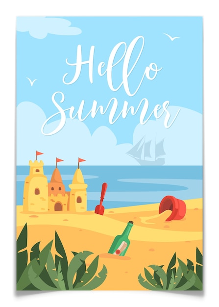 hello summer poster with sand castle on sea beach