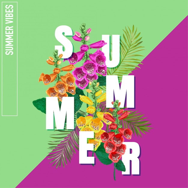 Hello summer poster with tropical flowers