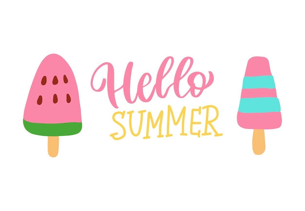 Hello summer quote with pink ice cream popsicle Cute hand drwan vector summer time illustration