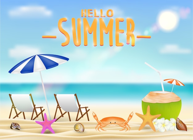 hello summer расслабиться стул кокосовый напиток на пляже