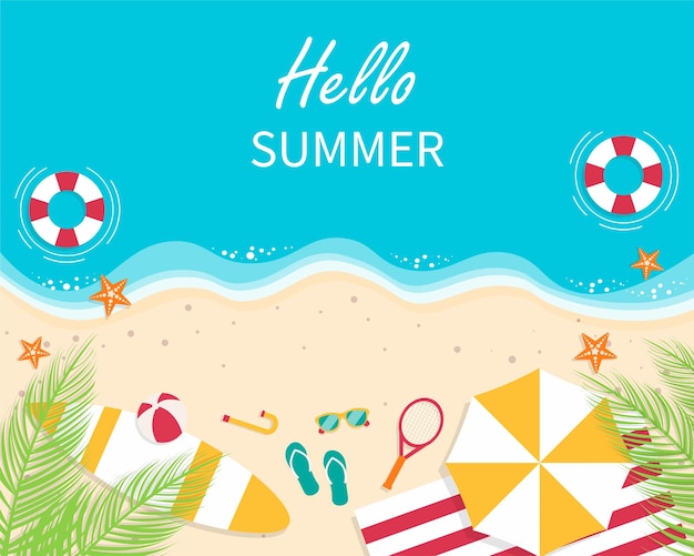 Hello summer relax holidays background. Top view beach with umbrellas, ball, surfboard,swim.