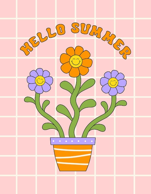 Hello summer retro hippie design illustrazione messaggio positivo frase isolata su una scacchiera