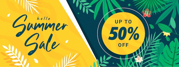 Hello summer sale banner template with green leaf and yellow background 