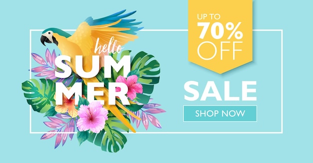 Hello summer sale banner with tropical bird, leaves, and flowers on light blue background