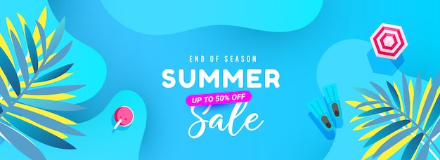 Vector hello summer sale banner with tropical leaves fluid shape