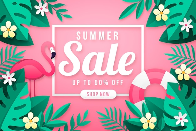 Vector hello summer sale with leaves and flamingo