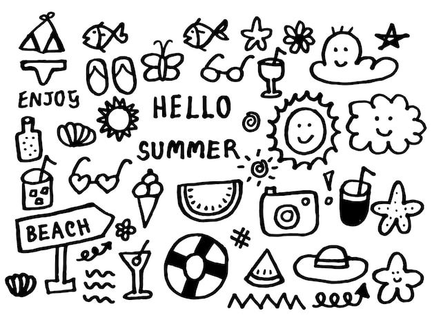 Hello Summer Set Doodle Cartoon Hand drawn Cute Icon