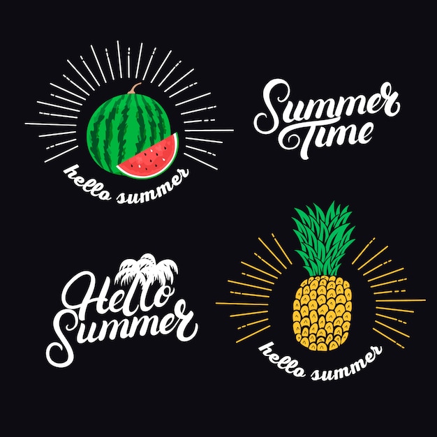 Hello summer set. Hand written lettering quotes and hand drawn pineapple and watermelon.