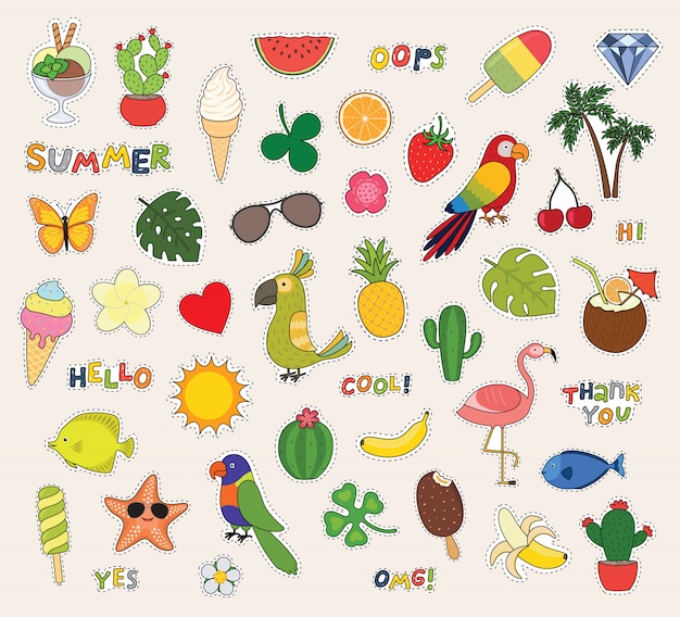 안녕하세요 여름. 귀여운 스티커 손바닥, 과일, 앵무새, 아이스크림, 태양, 선인장 등의 집합입니다.