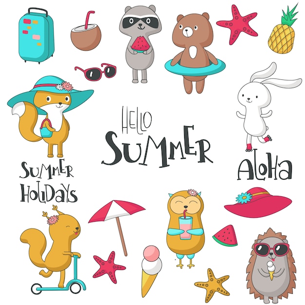 Vector hello summer set with animals, handwritten text and summer items. vector hand drawn illustration