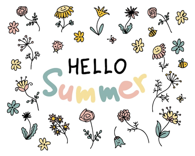 シンプルな落書きスタイルの野生の花を使った「hello summer」スローガンプリントtシャツステッカーカードに最適装飾とデザイン用の分離ベクトルイラスト