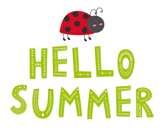 Hello summer slogan with cute ladybug coming out of paper illustration