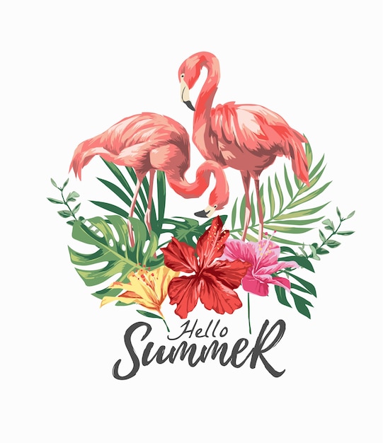 Hello summer slogan with flamingo couple and hibiscus flowers illustration