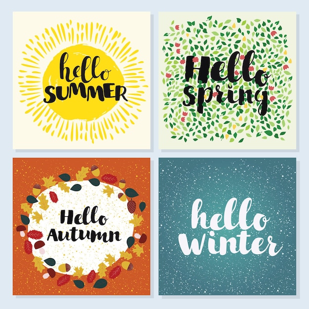 Привет, лето, весна, зима и осень, набор поздравительных открыток