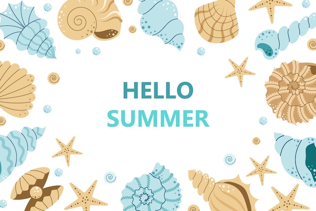Hello summer Summer background with seashells and starfish Ocean and sea exotic Vector illustration