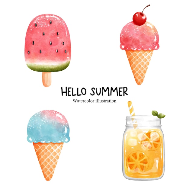 Hello summer summer watercolor vector illustration