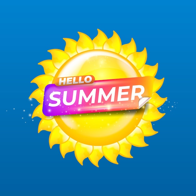 hello summer sunburst vector with bright yellow sun with vibrant pink and orange curled sticker