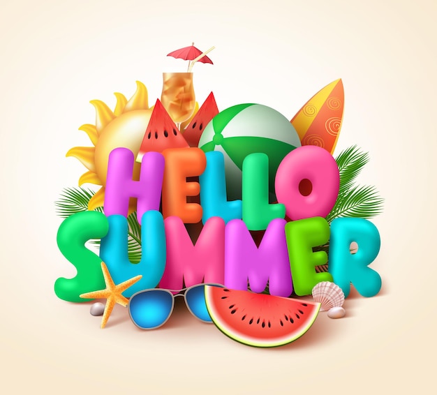 Hello summer text banner design with colorful summer elements