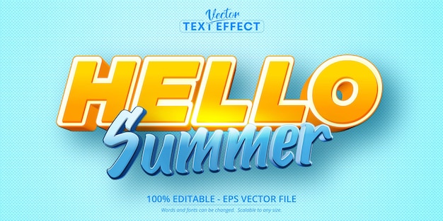 Hello summer text, cartoon style editable text effect