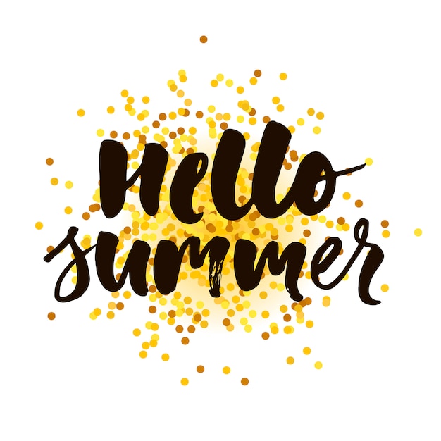 Hello summer text lettering calligraphy phrase gold