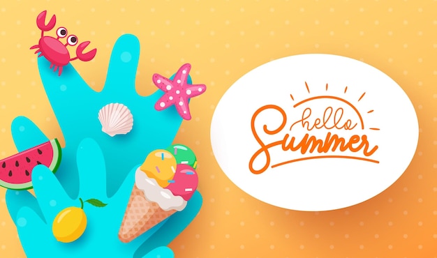 Vector hello summer text vector banner set summer hello greeting text with beach elements in blue yellow